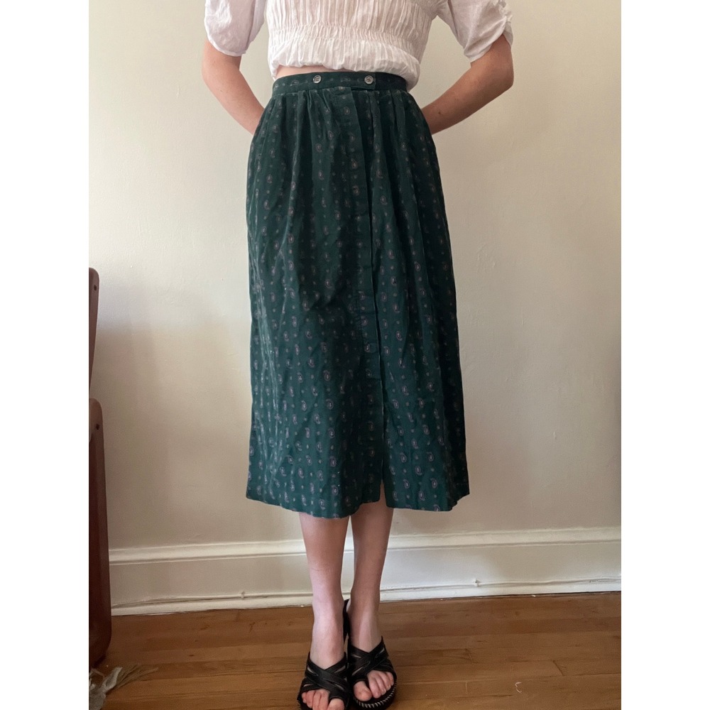 Vintage Eddie Bauer Midi Skirt Green Paisley Corduroy Button Front Size 0/2
